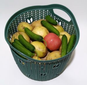 Örgü Desenli Koyu Yeşil Kapaklı 12 Litre Meyve Sebze Sepeti Patates Soğan Çok Amaçlı Hasır Örgü Kova