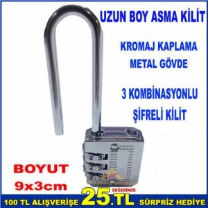 Şifreli Kilit 3 Kombinasyonlu Metal Gövdeli Şifreli Uzun Boy Sağlam Ve Dayanıklı Asma Kilit 9x3cmm