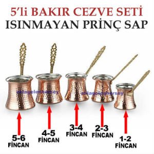 5'li SET ISINMAYAN PRİNÇ SAPLI %100 BAKIR CEZVE SETİ,KÜÇÜKTEN BÜYÜĞE 5 ADET BAKIR KAHVE CEZVESİ