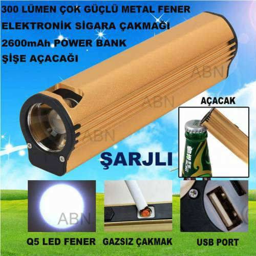 Çok Fonksiyonlu 4in1 Cep Telefonu İçin Powerbank,Şarjlı Q5 El Feneri,Elektronik Çakmak,Şişe Açacağı