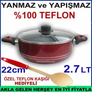 Teflon Kaşığı Hediyeli 22cm Cam kapaklı Yanmaz Yapışmaz Teflon Tencere