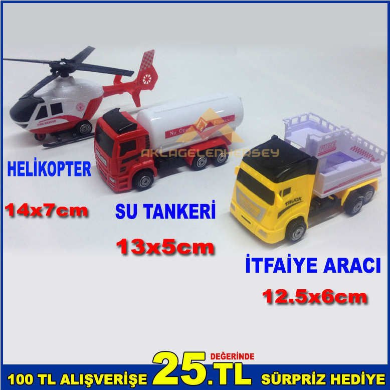 ÇOCUKLARIN SEVECEĞİ VE EĞLENECEĞİ 3 PARÇA PLASTİK SU TANKERİ,HELİKOPTER,İTFAİYE ARACI