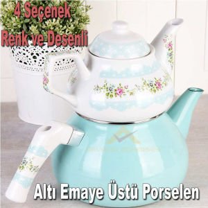 Altı Düz Renk Emaye Üstü Desenli Porselen Lüks Çaydanlık Seti 4 Seçenekli Şık Tasarım Çaydanlık