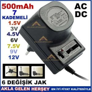 Kademeli voltaj ayarlı çok uçlu 220V düşüren adaptör PT-500 AC/DC 6 jaklı AYARLI ADAPTÖR 0-12V 500mA