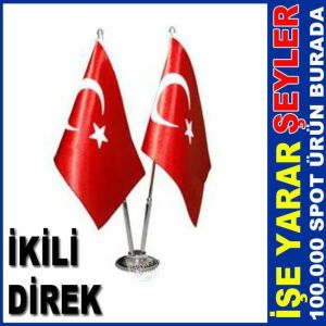 Masaüstü direkli bayrak çift bayraklı 2 krom direkli altı metal kaide masa üstü direkli türk bayrağı