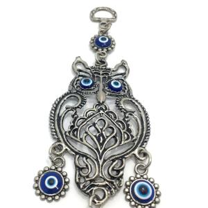 Baykuş Şekilli Nazar Boncuklu Metal İşlemeli Dekoratif Süs 28 cm Hediyelik Eşya Askılı Duvar Süsü