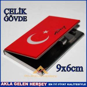 Cep Tipi Kartvizitlik Şık Kullanışlı Türk Bayraklı 9x6cm Klik Kapaklı Paslanmaz Çelik Kartvizitlik