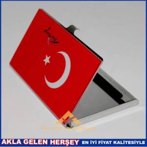 Cep Tipi Kartvizitlik Şık Kullanışlı Türk Bayraklı 9x6cm Klik Kapaklı Paslanmaz Çelik Kartvizitlik