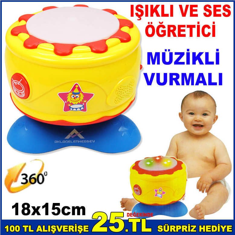 IŞIKLI VE SESLİ ÖĞRETİCİ KAYA DAVUL CAN DAVUL SESLİ MÜZİKLİ VURMALI 360 DERECE DÖNEBİLEN DAVUL