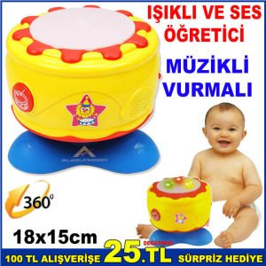 IŞIKLI VE SESLİ ÖĞRETİCİ KAYA DAVUL CAN DAVUL SESLİ MÜZİKLİ VURMALI 360 DERECE DÖNEBİLEN DAVUL