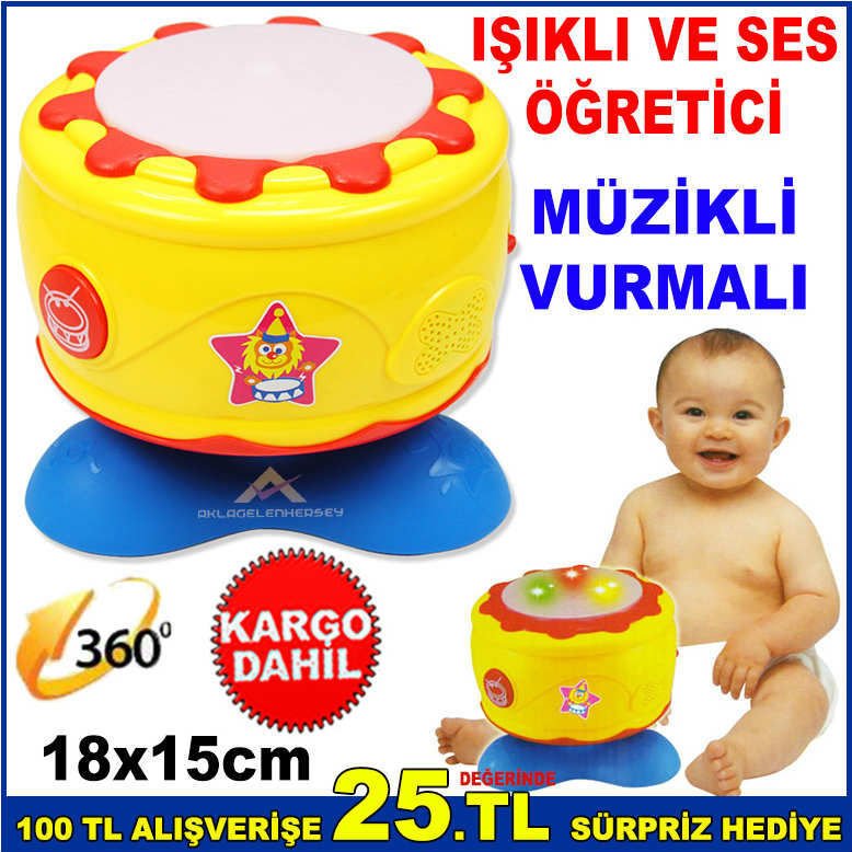IŞIKLI VE SESLİ ÖĞRETİCİ KAYA DAVUL CAN DAVUL SESLİ MÜZİKLİ VURMALI 360 DERECE DÖNEBİLEN DAVUL