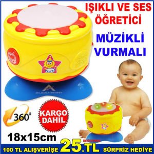 IŞIKLI VE SESLİ ÖĞRETİCİ KAYA DAVUL CAN DAVUL SESLİ MÜZİKLİ VURMALI 360 DERECE DÖNEBİLEN DAVUL