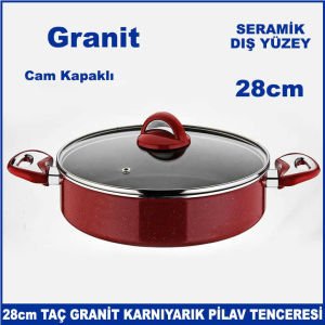 Seramik Dış Yüzey 28cm Cam Kapaklı Taç Granit Karnıyarık Pilav Tenceresi - Sağlıklı Tencere