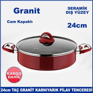 Seramik Dış Yüzey 24cm Cam Kapaklı Taç Granit Karnıyarık Pilav Tenceresi - Sağlıklı Tencere