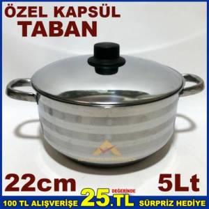 22cm İndüksiyon Kapsül Tabanlı Çelik Kapaklı Paslanmaz Çelik Derin Tencere