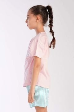 Pamuklu Kız Çocuk V Yaka Düşük Omuzlu Kısa Kol Şortlu Pijama Takım