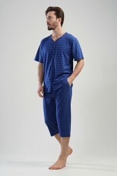 Pamuklu Erkek Büyük Beden Tamamı Düğmeli Kısa Kol Kaprili Pijama Takım