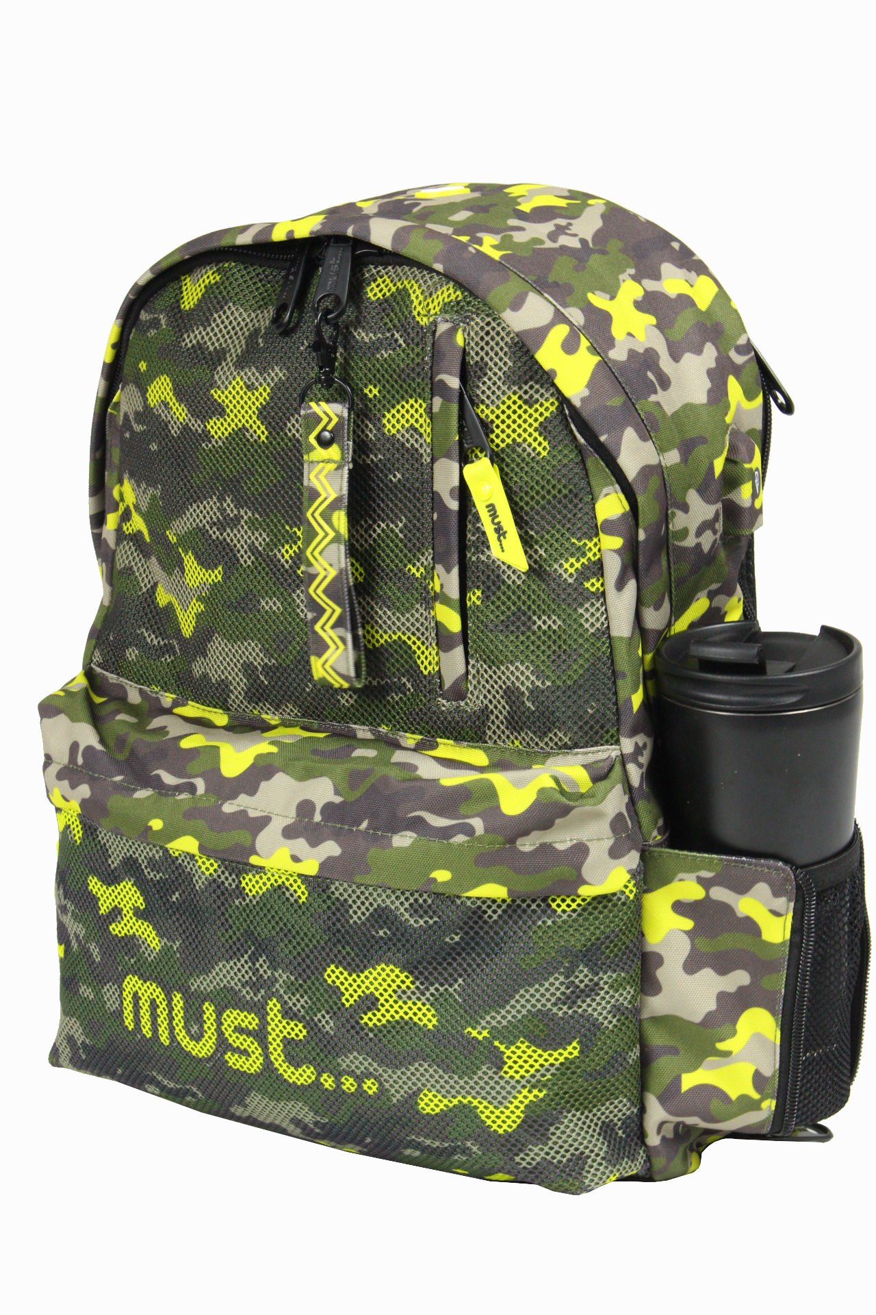 MUST 584614 Kamuflaj Çift Cepli İlkokul Sırt Çantası-Haki / Neon Yeşil