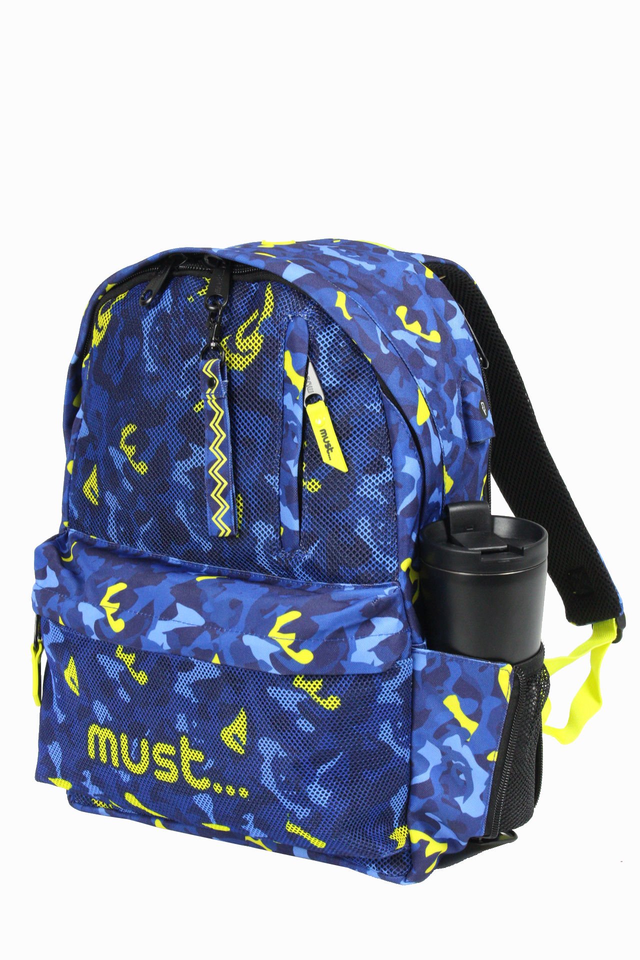 MUST 584613 Kamuflaj Çift Cepli İlkokul Sırt Çantası-Mavi / Neon Yeşil