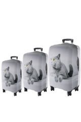 My77 Gri Kedi VALİZ KILIFI / BAVUL KORUYUCU ÖRTÜSÜ Büyük, Orta, Kabin Boy Set