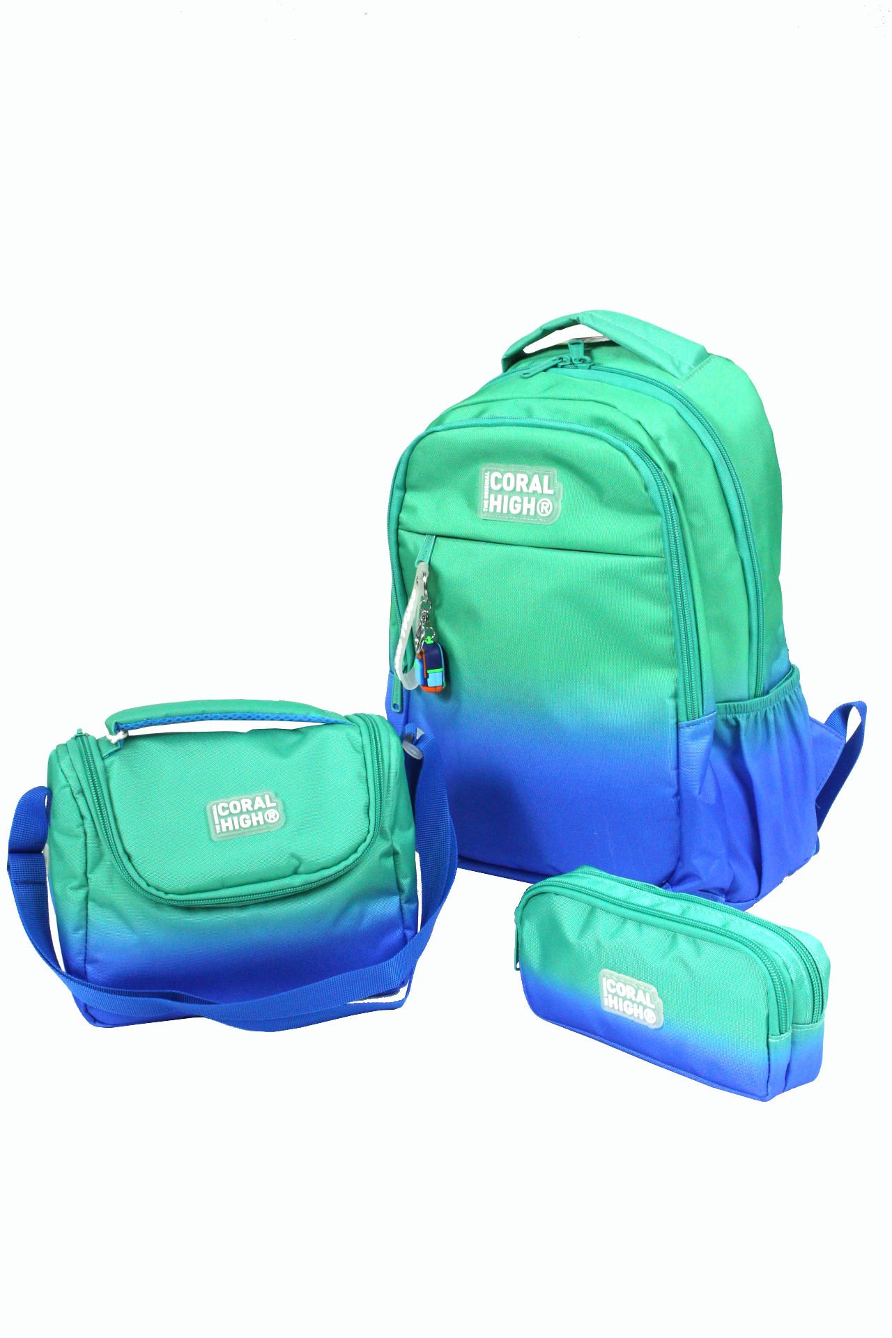 CH 23665 Mavi - Yeşil Geçişli - 3' Lü Okul Çantası Seti - Sırt Ve Beslenme Çantası + Kalemlik