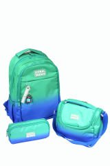 CH 23665 Mavi - Yeşil Geçişli - 3' Lü Okul Çantası Seti - Sırt Ve Beslenme Çantası + Kalemlik