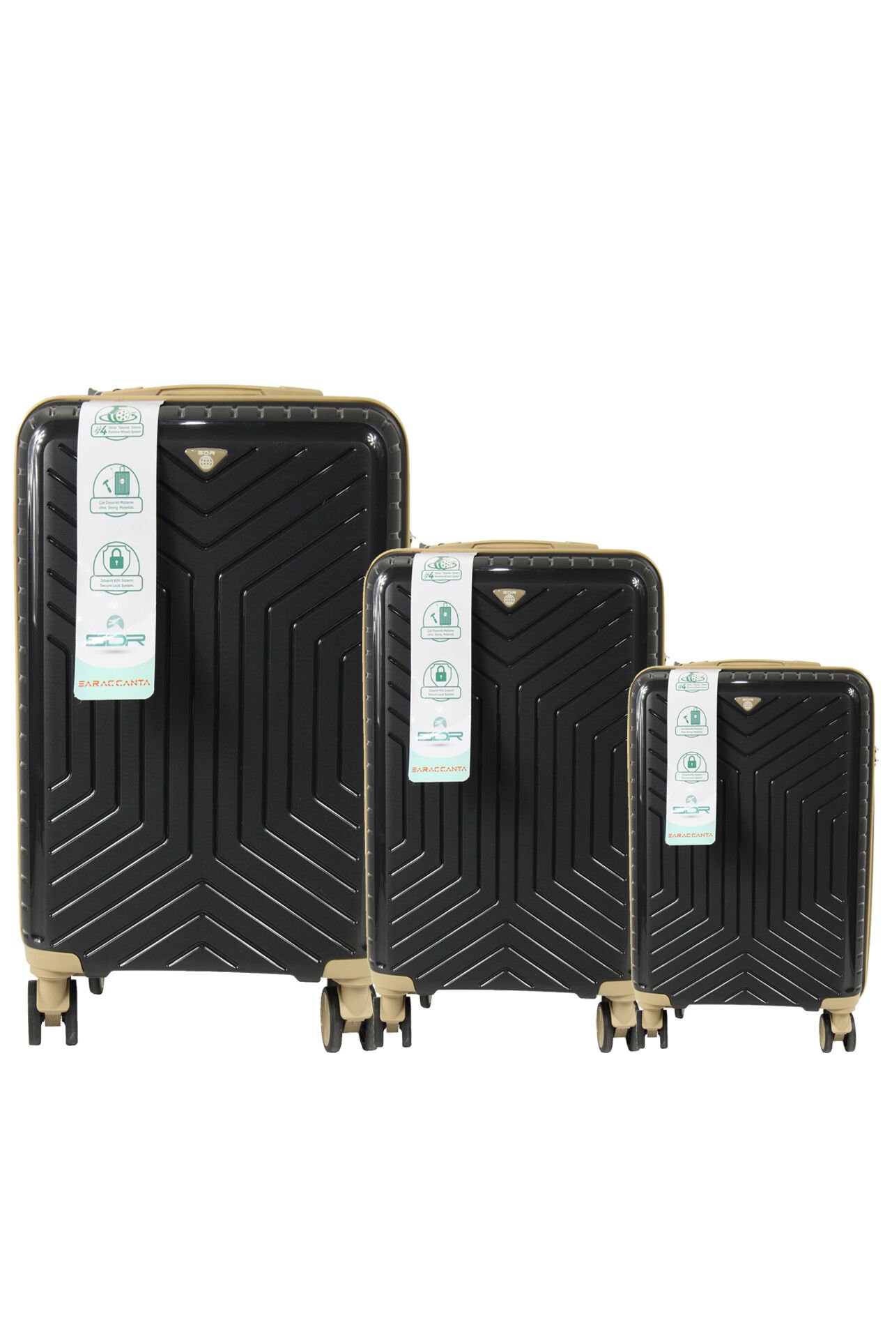 Metropolitan SDR 103 PP Valiz Seti - Büyük + Orta + Kabin Boy - Siyah / Şampanya