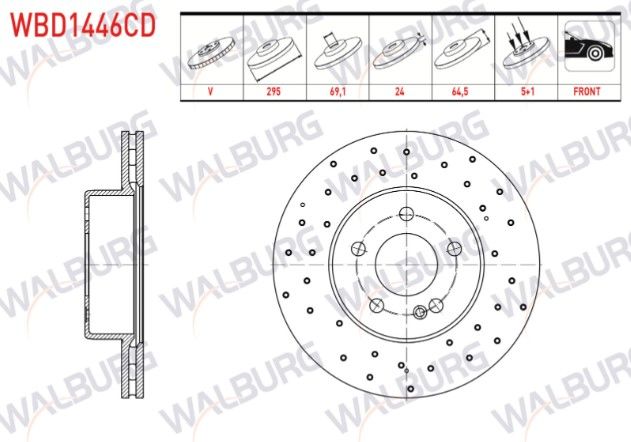 MERCEDES C 200 d BlueTEC (W205) 2015-/ C 180 2014-/ C 200 BlueTEC 2014- FREN DISKI ON HAVALI KAPLAMALI PERFORMANS DELIKLI 5 BJN 295X24X69,1X64,5