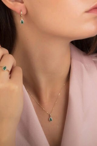 14 Ayar Altın Zümrüt Taşlı 3'lü Set