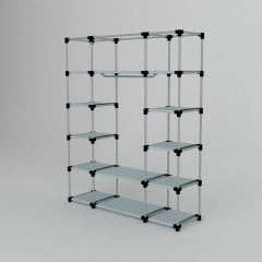 Portatif Desenli Metal Borulu Çift Yandan Raflı Bez Gardrop