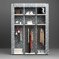 Portatif Desenli Metal Borulu Çok Askılıkılı Raflı Bez Dolap
