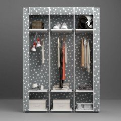 Portatif Desenli Metal Borulu Çok Askılıkılı Raflı Bez Dolap