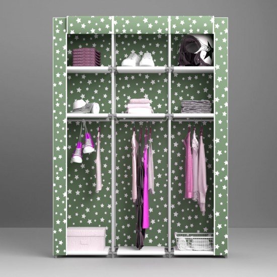 Portatif Desenli Metal Borulu Çok Askılıkılı Raflı Bez Dolap