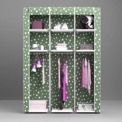 Portatif Desenli Metal Borulu Çok Askılıkılı Raflı Bez Dolap