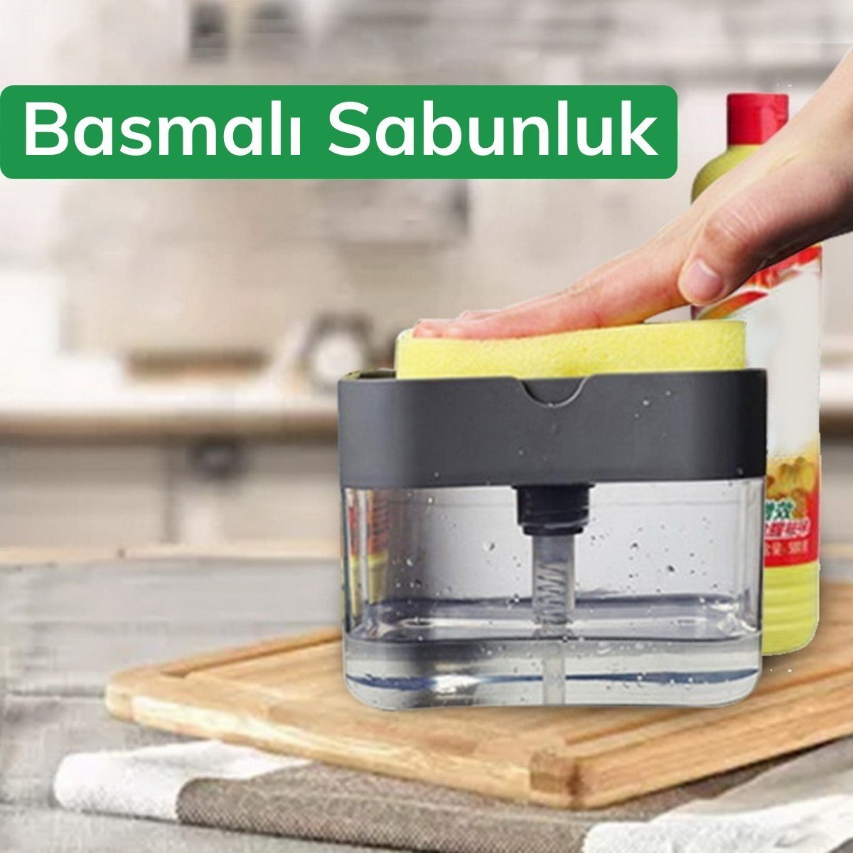 BUFFER® İkisi Bir Arada  Basmalı Pratik Sıvı Sabunluk Pompası ve Bulaşık Yıkama Süngeri Haznesi