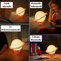 BUFFER® 3D Print Satürn Dokunmatik Gezegen Ahşap Stantlı 3 Renk USB Şarjlı Gece Lambası (Kumandasız)