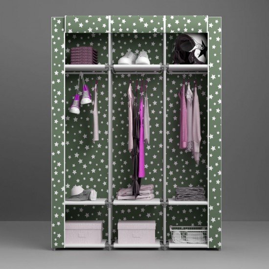 Portatif Desenli Plastik Borulu Çok Askılıklı Raflı Bez Dolap