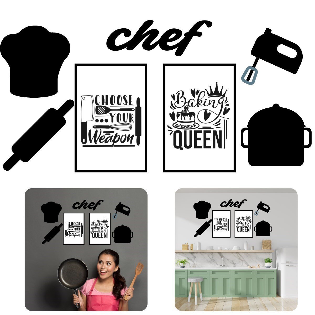 BUFFER® DECO101 Chef Dekoratif Duvar Süsü Tablo Aksesuar Ahşap Tasarım Hediye Pano Sticker Seti