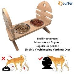 BUFFER® Ahşap Kedi Köpek Tavşan 6 Seviye Ayarlanır İkili Paslanmaz Çelik Kase Su Mama Kabı Standı