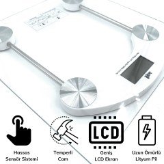 BUFFER® Dijital Kare Cam Baskül Darbelere Karşı Dayanıklı Terazi Yüksek Hassasiyetli Tartı Tf 1052