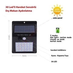 BUFFER® Güneş Enerjili Sensörlü 30 Led Dış Mekan Aydınlatma Ever Bright