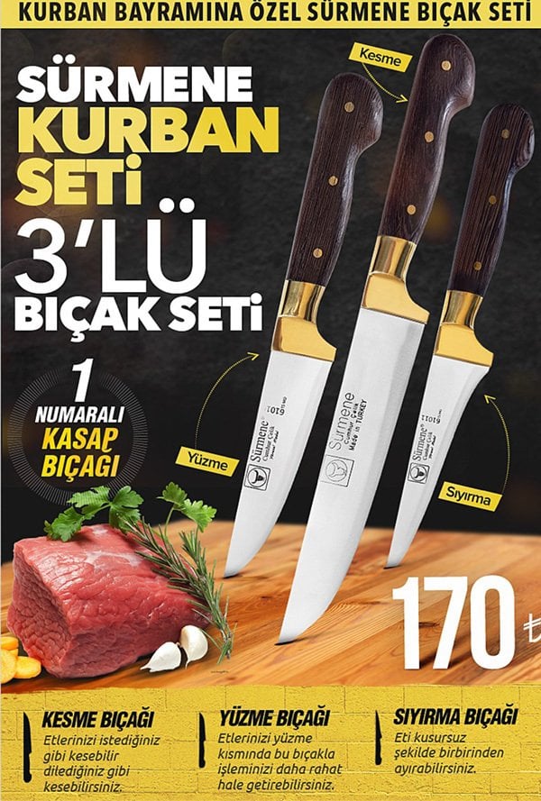 Sürmene Cumhur 3lü Kurban Bıçağı Seti (El Yapımı) 61020+011+08