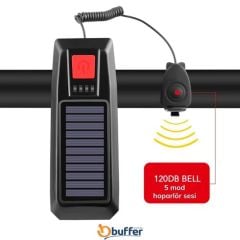 BUFFER® Solar Enerjili USB ile Şarj Edilebilir Ledli Bisiklet Feneri Kornalı ve Su Geçirmez Far