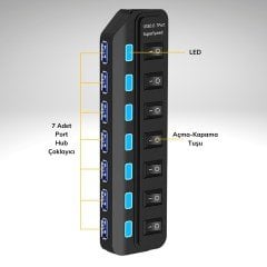 BUFFER® Çok Amaçlı 7 Port Girişli Güçlü Usb 2.0 Çoklayıcı Çoğaltıcı Adaptör Switch Splitter Hub