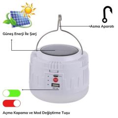 Güneş Enerjili ve Usb Şarjlı Solar Kamp ve Çadır Lambası 4 Modlu Askılı Powerbank Özellikli