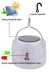 Güneş Enerjili ve Usb Şarjlı Solar Kamp ve Çadır Lambası 4 Modlu Askılı Powerbank Özellikli