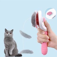 BUFFER® Kedi Köpek Tüy Toplayıcı Kendini Temizleyebilen Ergonomik Saplı Evcil Hayvan Tarağı Pembe