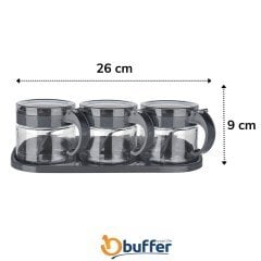 BUFFER®  Gri  3lü Standlı Kapaklı Kaşıklı Cam Hava Sızdırmaz Baharatlık Takımı KC-386