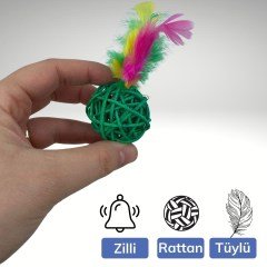 BUFFER® 2li Rattan Renkli Peluş Tüy Kedi Köpek Oyuncak Yakalama Çiğneme Çıngıraklı Top Oyuncağı