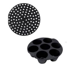 BUFFER® Airfryer Yuvarlak Model Pişirme Matı Siyah 20 Cm ve  7 Gözlü Airfryer Cupcake Kalıbı